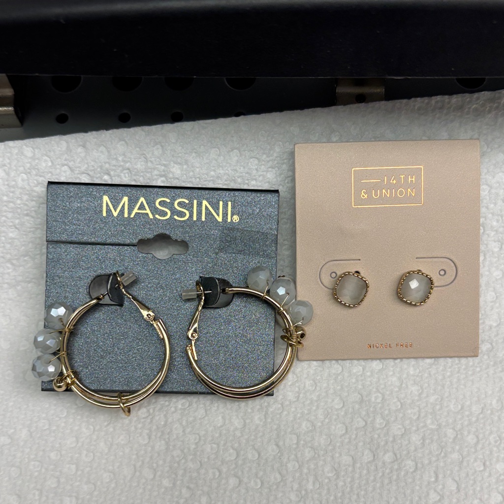 Massini Gold Hoop Earrings With Gray Beads-Bundle Of Two